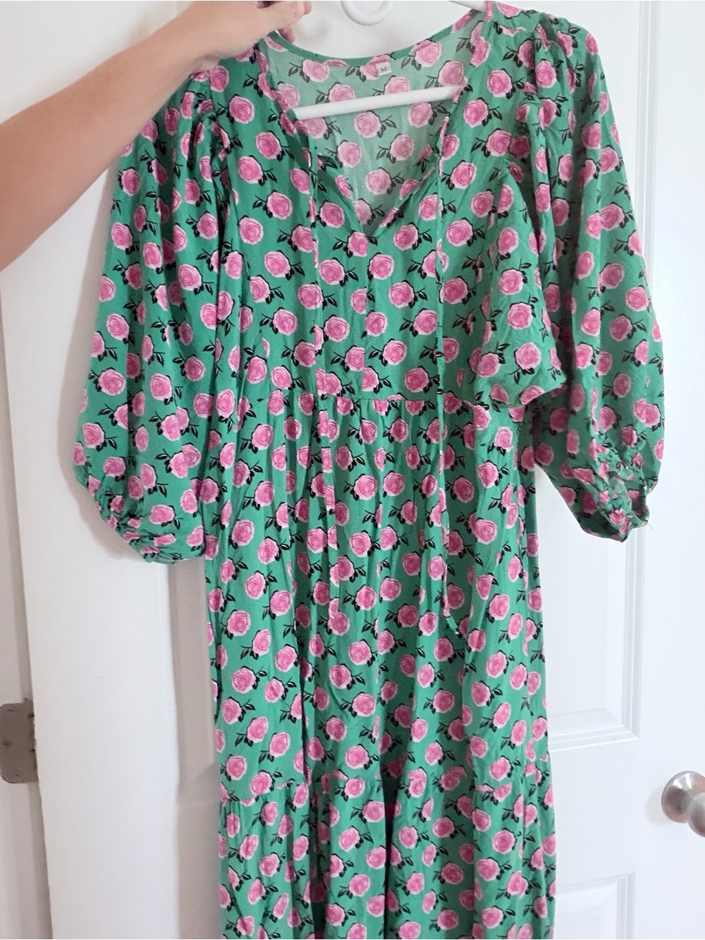 Amazon Green Maxi Dress with Pink Rose Print
